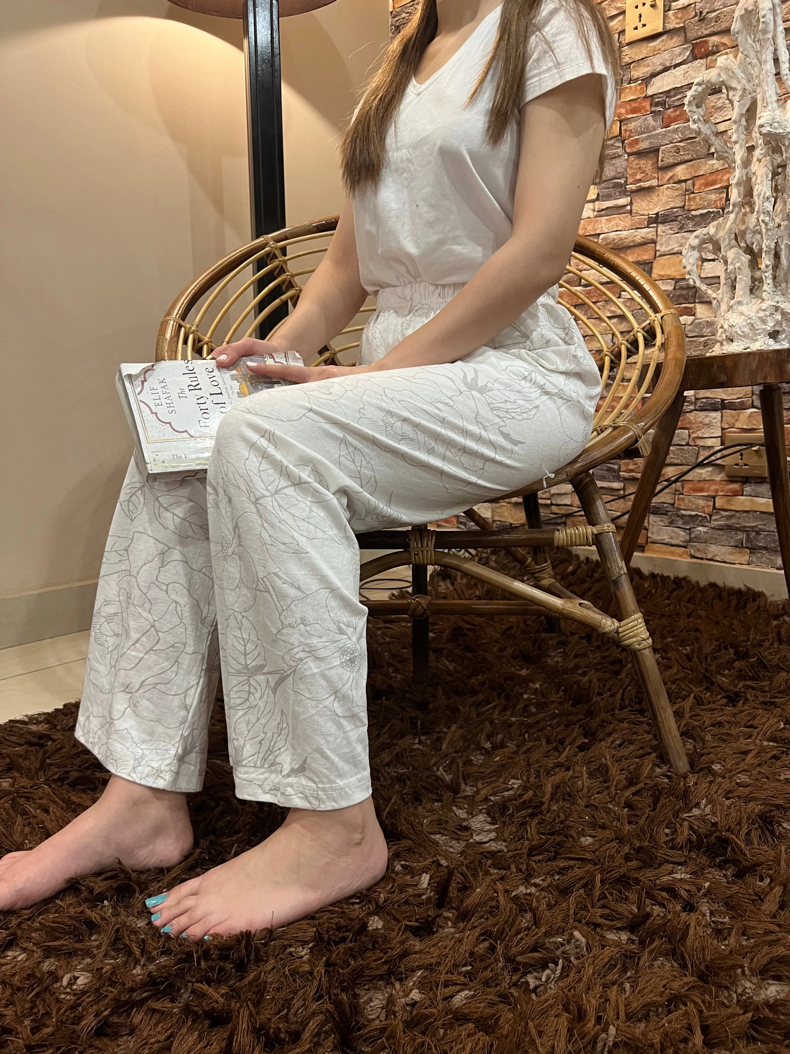 Luxe Cotton Trousers - White Light Flower