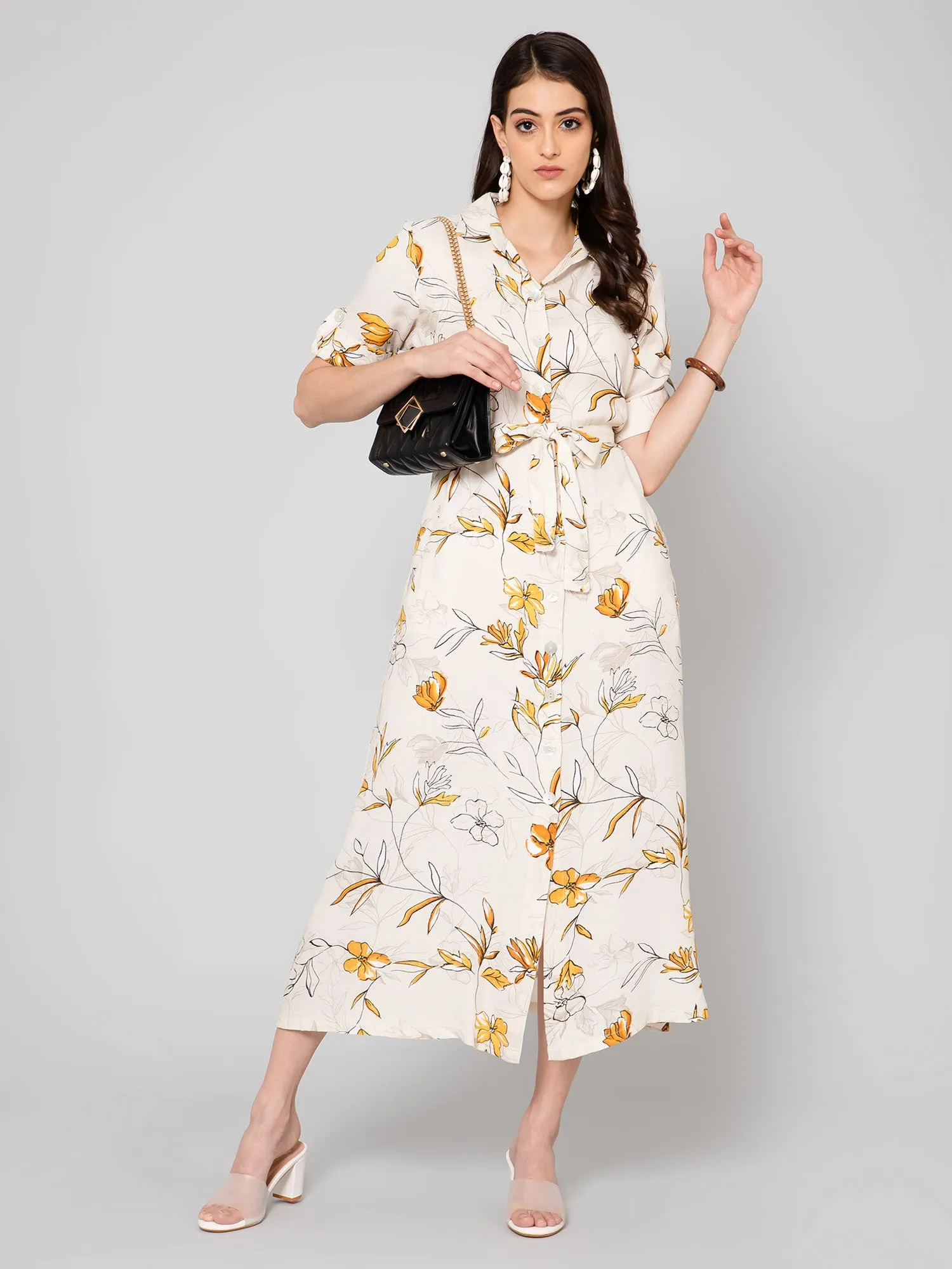 Women's Casual Shirt Collar Yellow Floral Print Shirt Dress